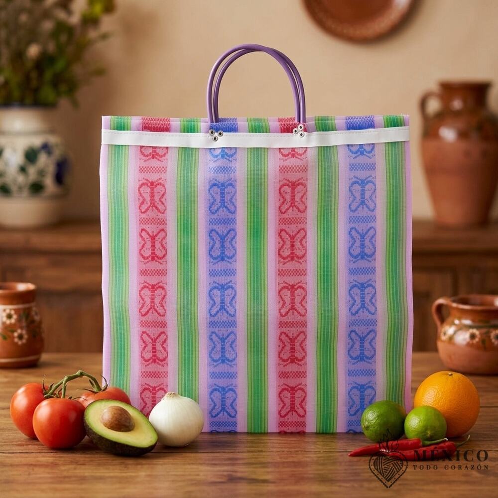 Traditional Mexican Mercado Tote Bag Colorful Reusable Plastic Market Bag